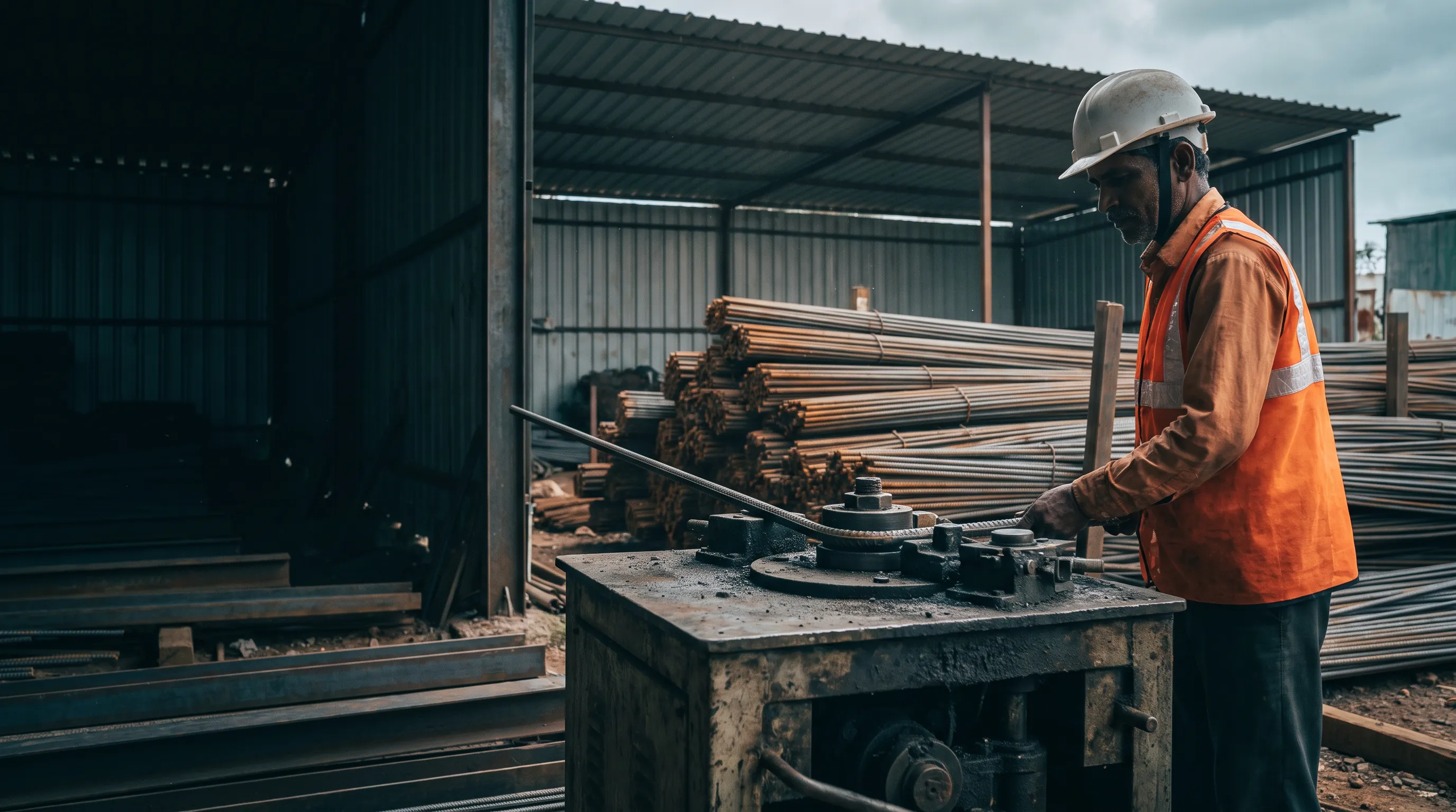 Rebar worker bending steel reinforcement bar on a heavy-duty Reliflex bar bender