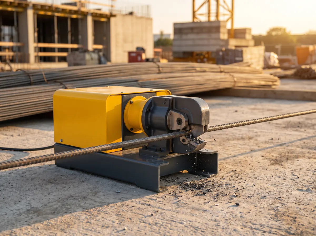 Reliflex rebar cutting machine shearing a steel bar on site