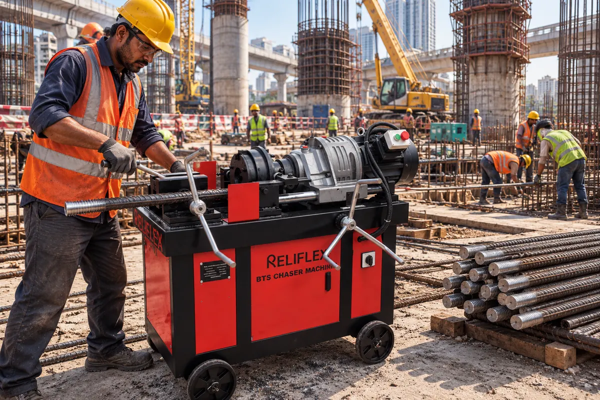 Reliflex rebar thread-rolling machine cutting precise threads on a reinforcement bar