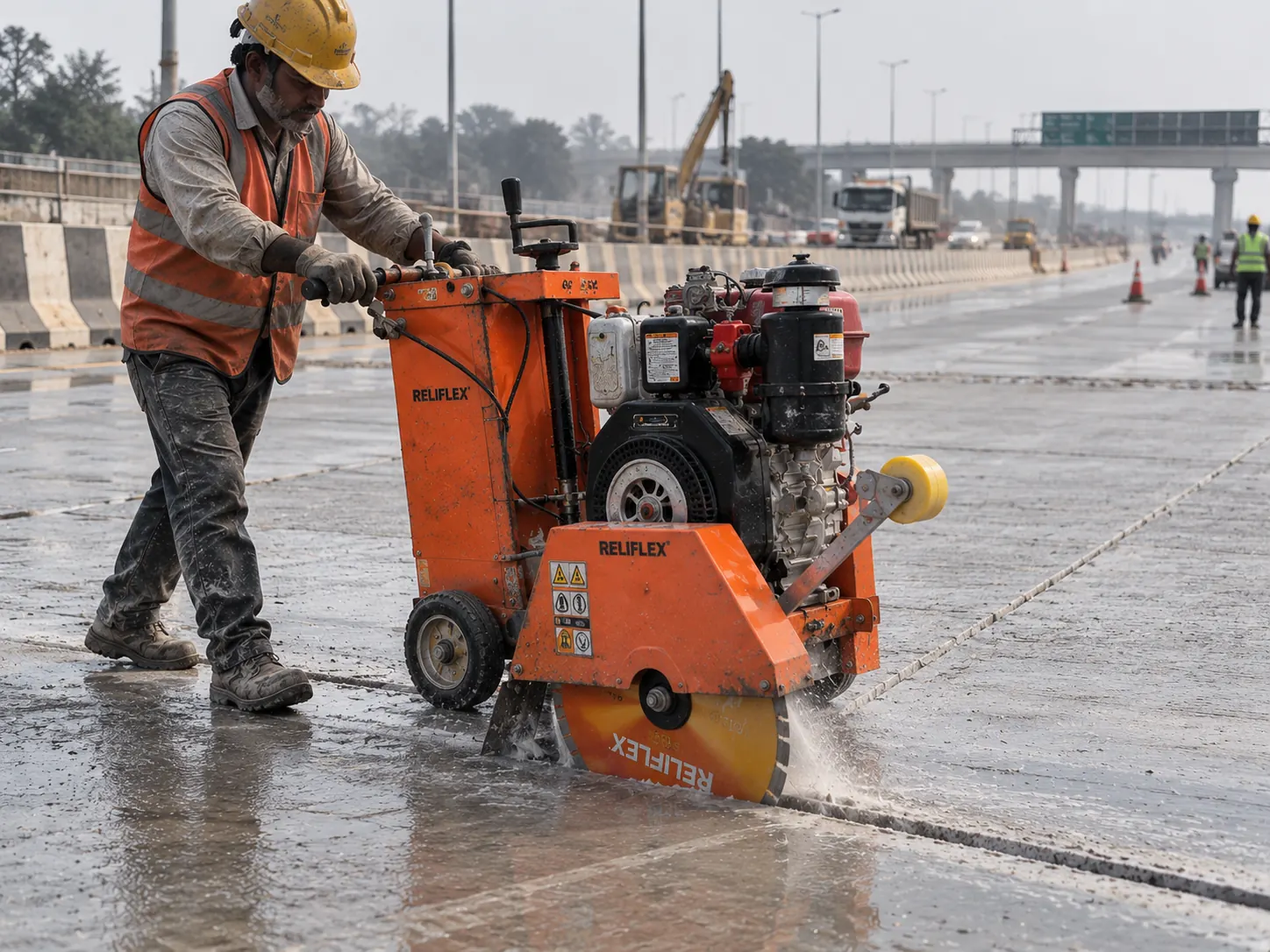 Operator guiding a Reliflex concrete road cutter across a slab