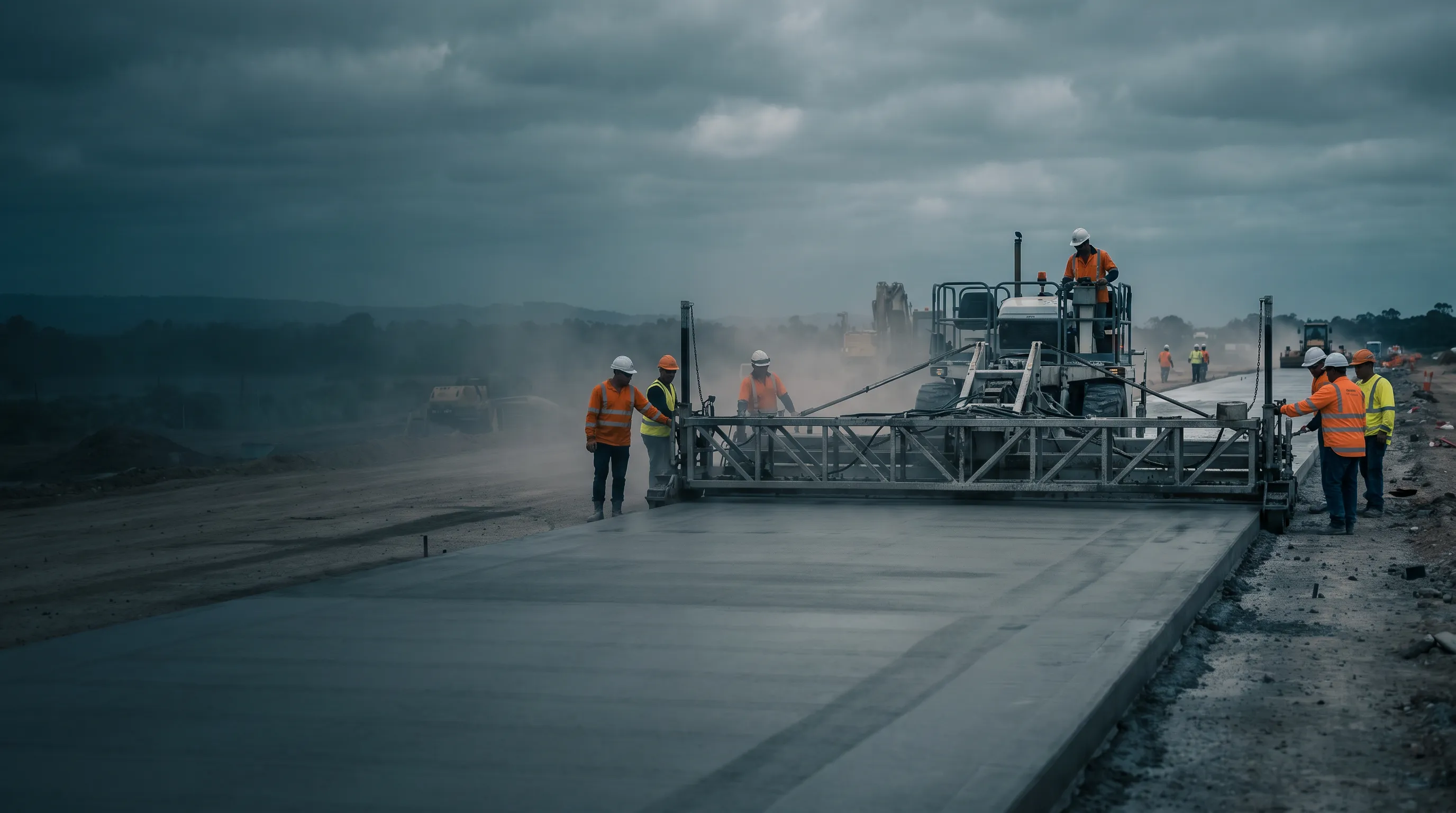 Vibratory truss screed laying and levelling a new concrete road
