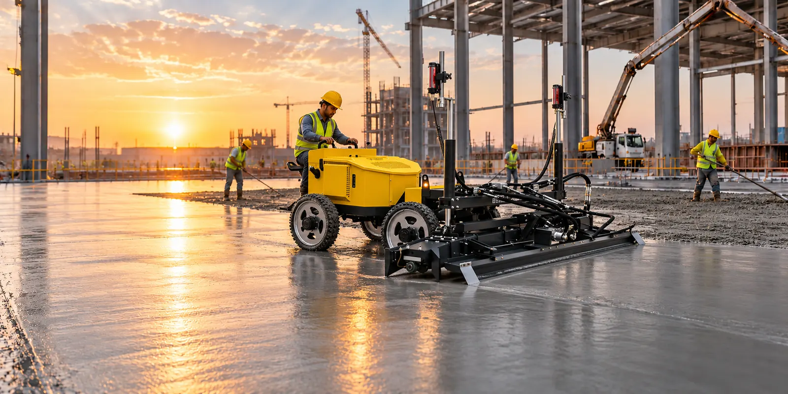 Reliflex ride-on laser screed levelling a concrete floor at golden hour