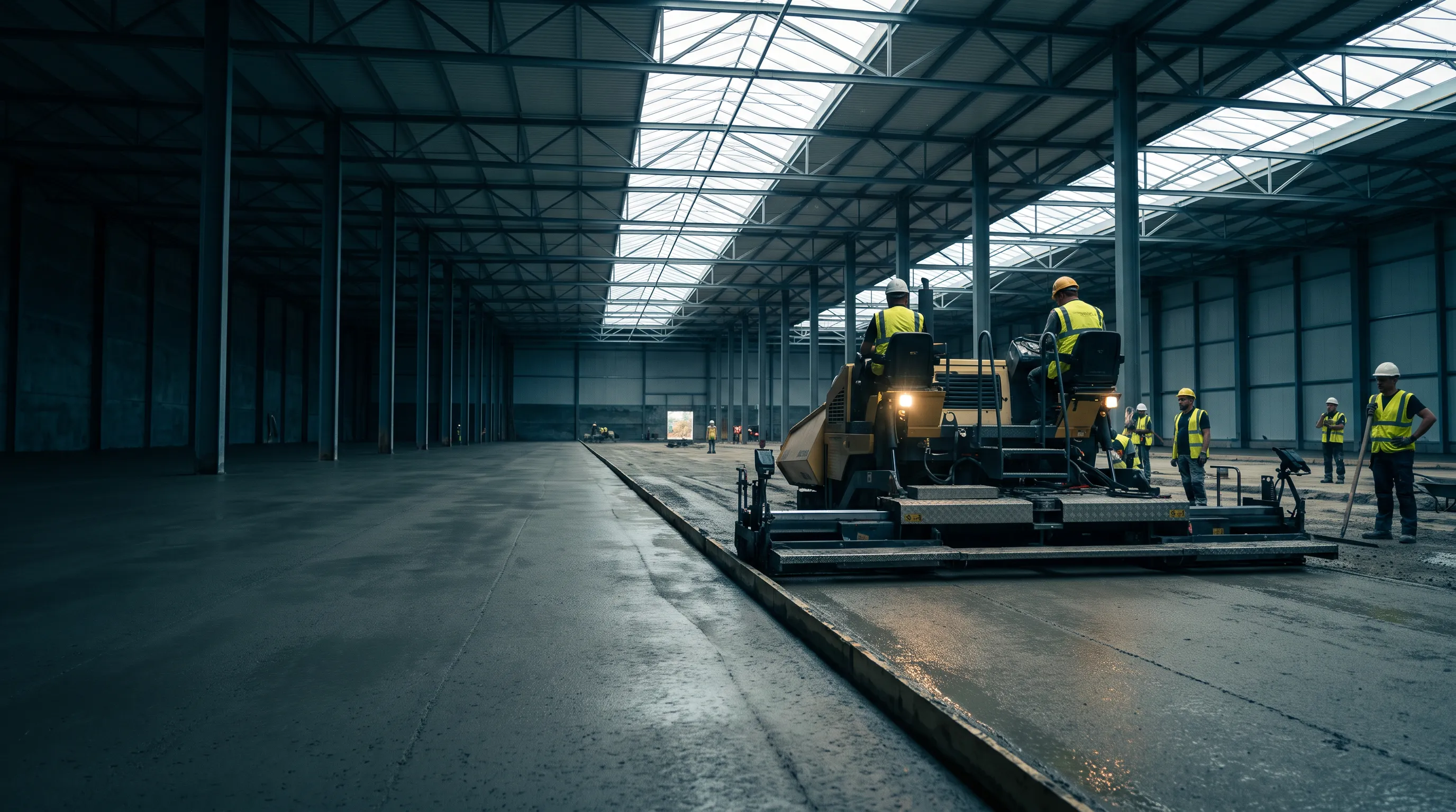 Ride-on laser screed levelling a vast warehouse concrete floor