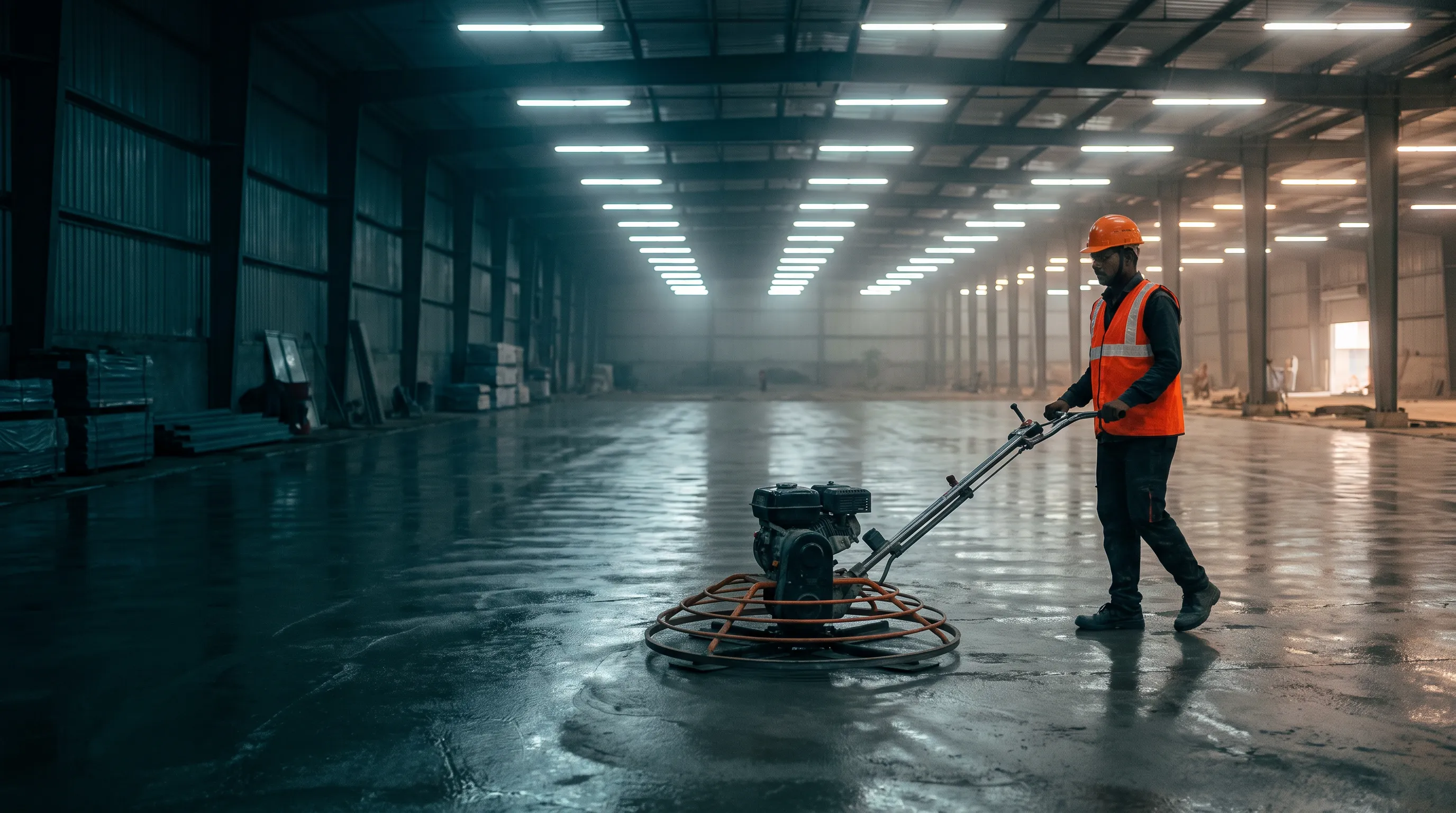Worker finishing a freshly poured concrete slab with a Reliflex power trowel