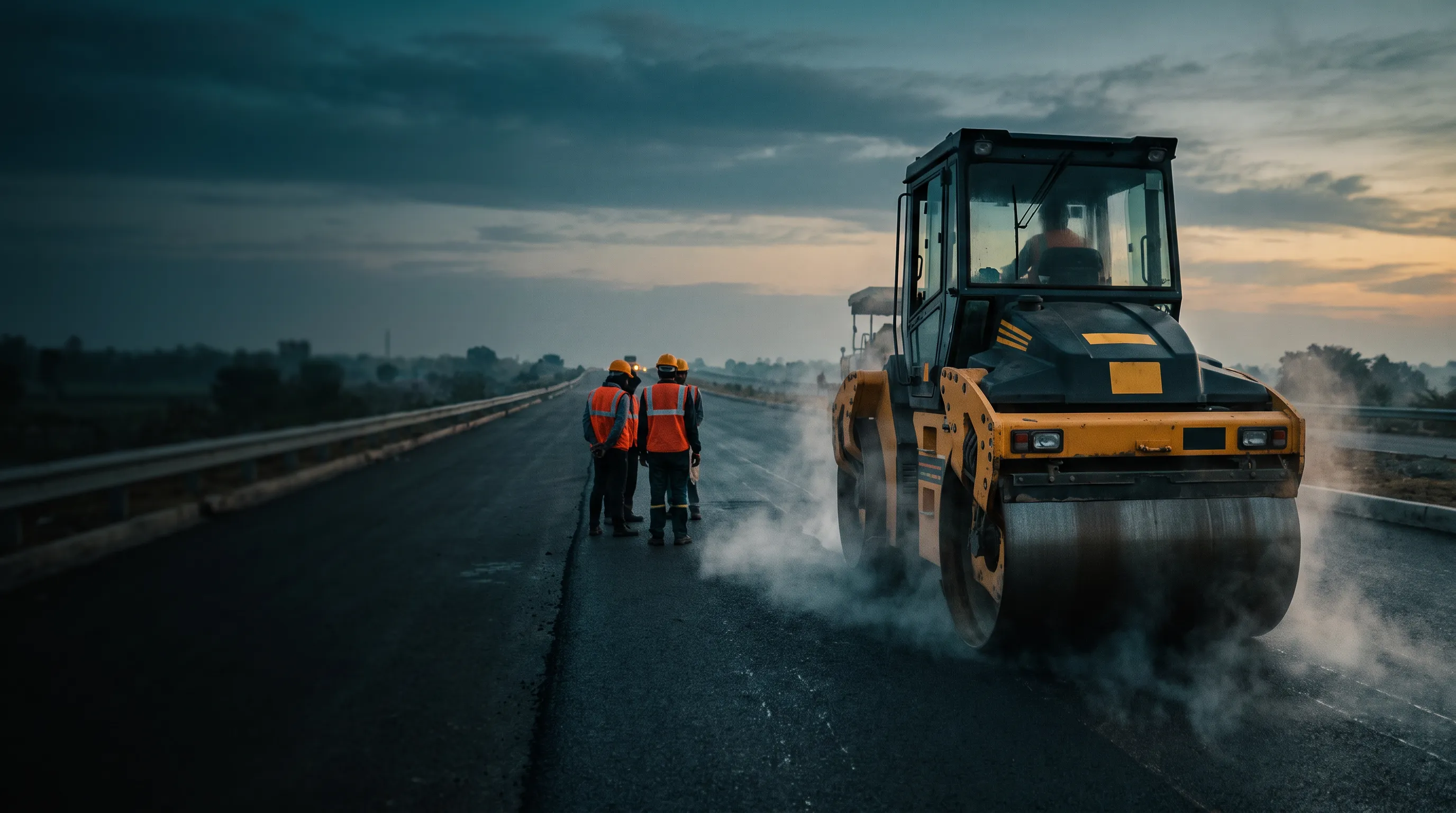 Double-drum vibratory roller compacting fresh asphalt on a road at dusk