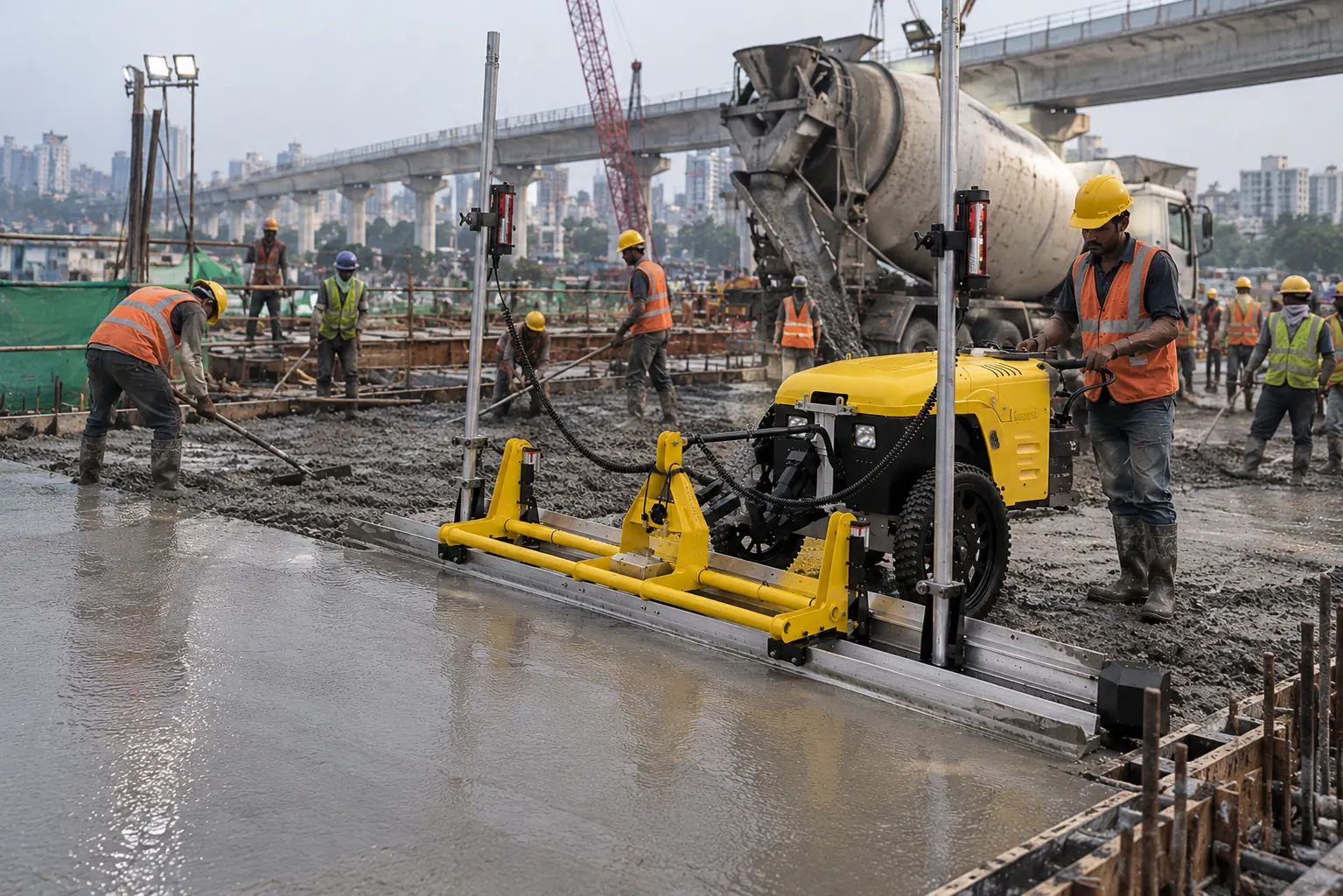 Walk-behind laser screed levelling a fresh concrete slab on site