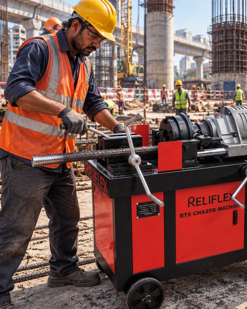 Operator threading a reinforcement bar on a Reliflex BTS bar-threading machine at a city construction site